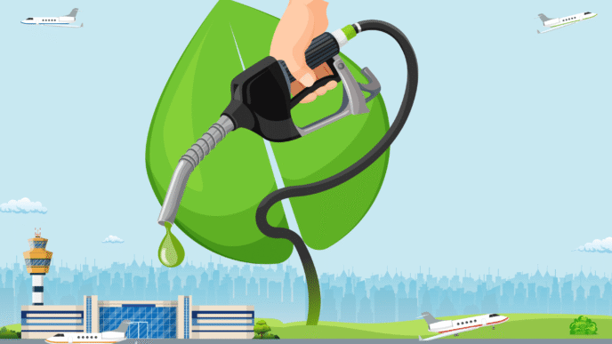 Ilustración de combustible de aviación sostenible vertiéndose de una manguera sobre una hoja verde, aviones y aeropuerto, real estate verde.