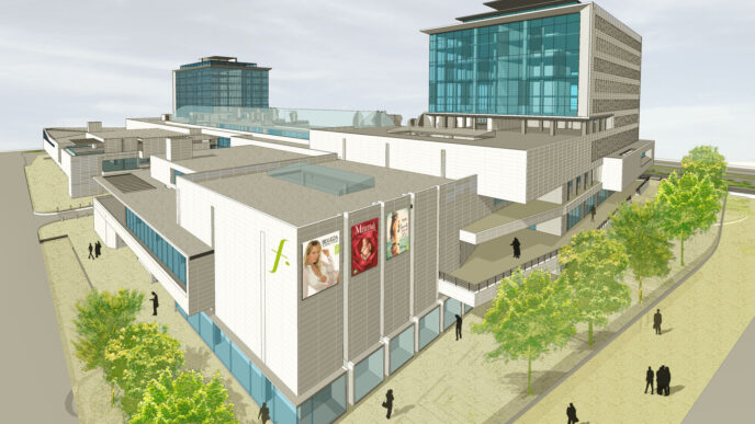 venue/architecture
Vista arquitectónica del centro comercial en Lima. Diseño moderno para Inmobiliare Summits. Espacios para real estate y conferencias.