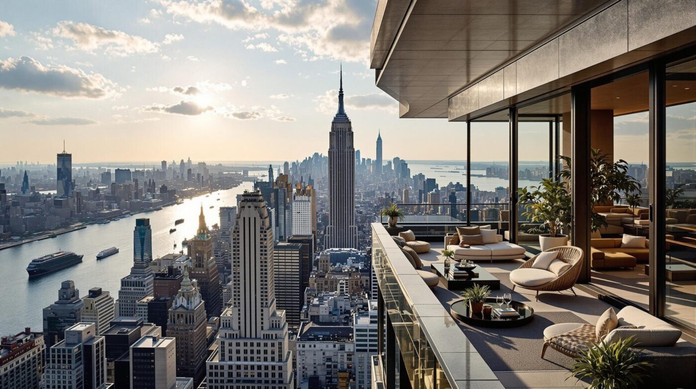 Vista aérea de la ciudad de Nueva York, EE. UU., con el Empire State Building. Diseño de interiores de bienes raíces de lujo. #city #venue #realestate