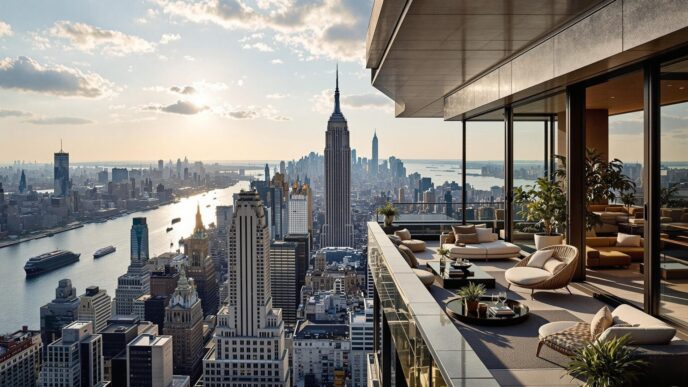 Vista aérea de la ciudad de Nueva York, EE. UU., con el Empire State Building. Diseño de interiores de bienes raíces de lujo. #city #venue #realestate