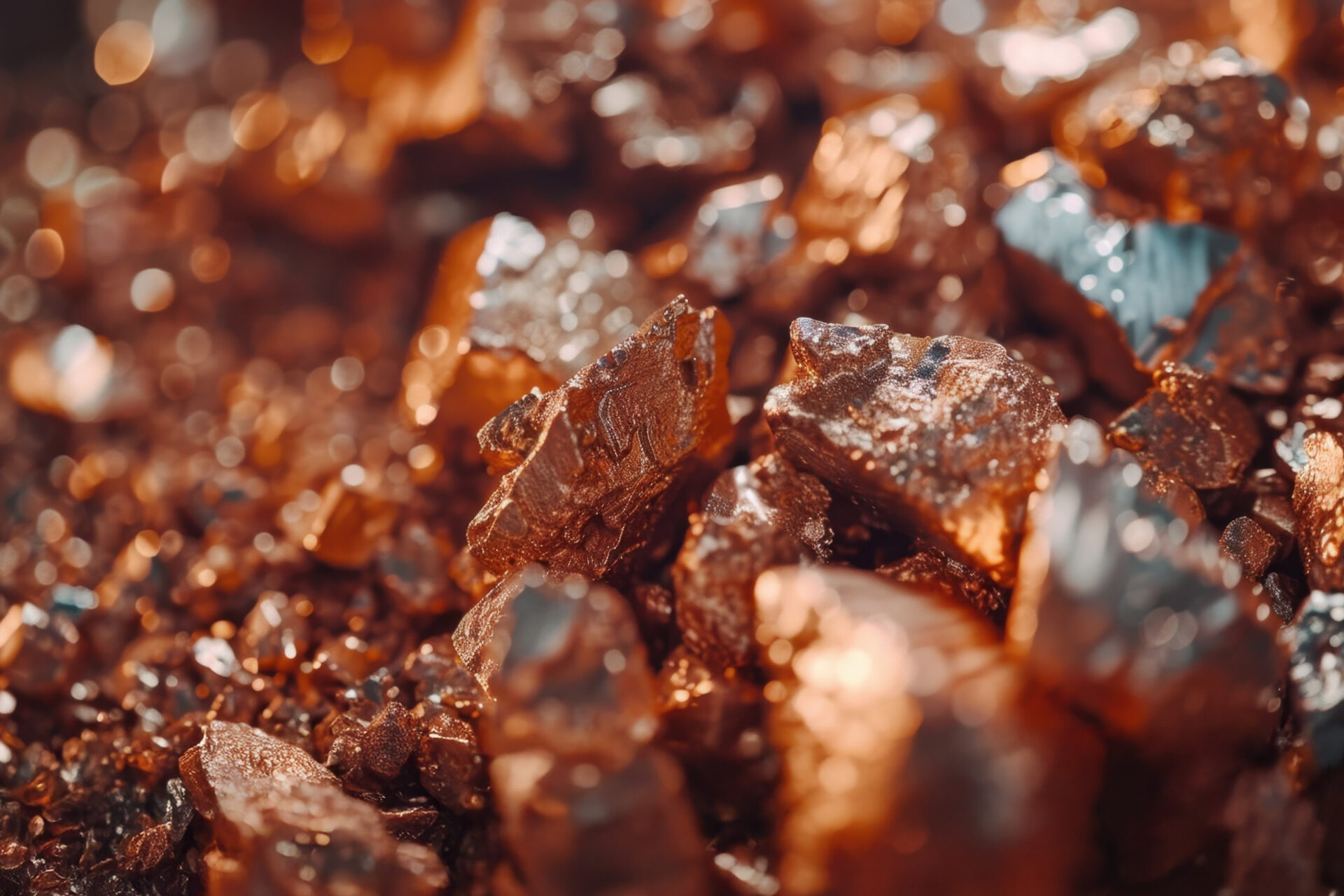 Primer plano de cobre en bruto, reflejando su importancia clave en la construcción y la energía limpia. Impulsa la demanda global de cobre.
