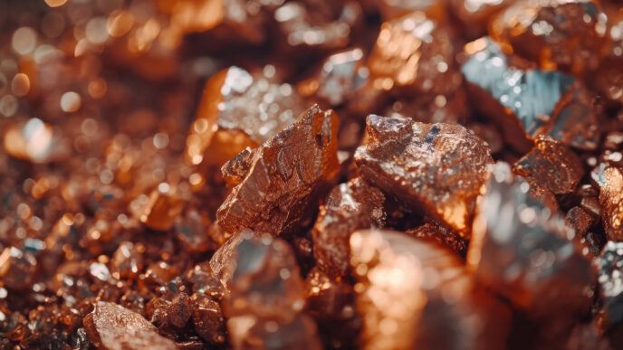 Primer plano de cobre en bruto, reflejando su importancia clave en la construcción y la energía limpia. Impulsa la demanda global de cobre.