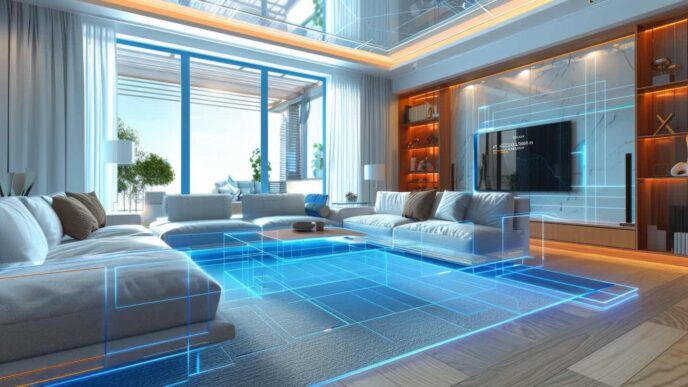 Salón futurista diseñado con IA: sofás blancos, vistas al exterior y detalles azules. Diseño de interiores transformado por la inteligencia artificial.