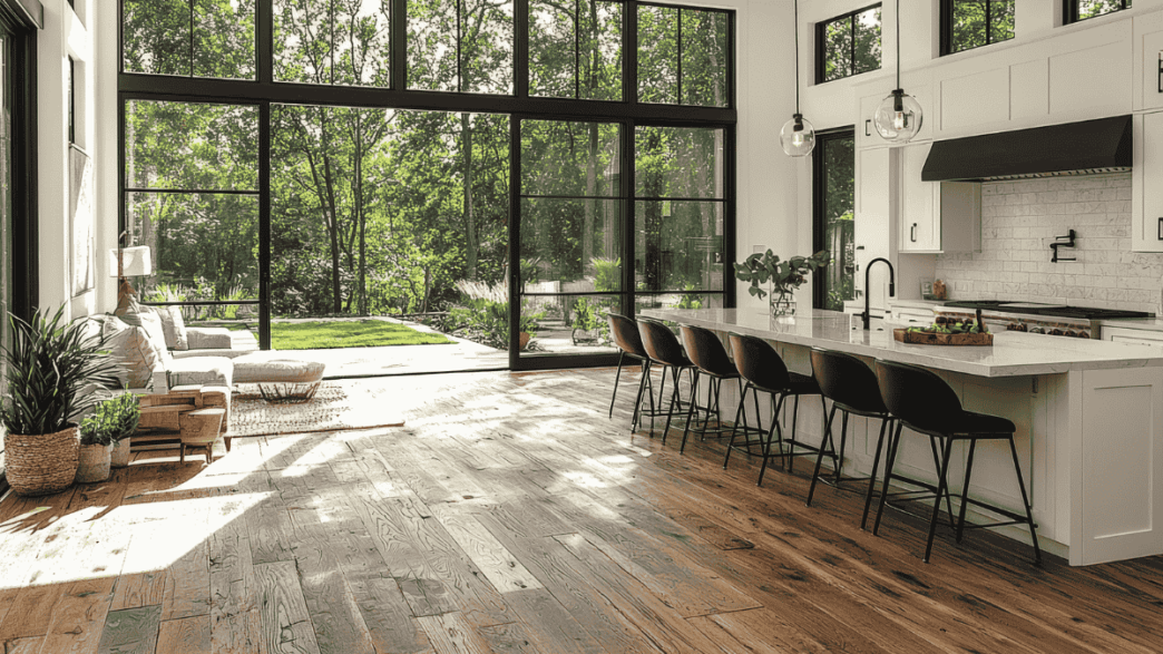 Cocina moderna con IA Collov: isla blanca, taburetes negros y grandes ventanales con vista al bosque. Diseño inmobiliario transformado con IA.