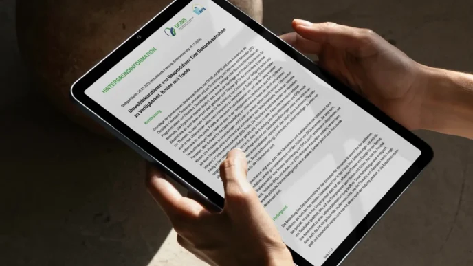 EPDs transformando sector inmobiliario: persona sostiene tablet mostrando informe. Declaraciones ambientales de productos de construcción.