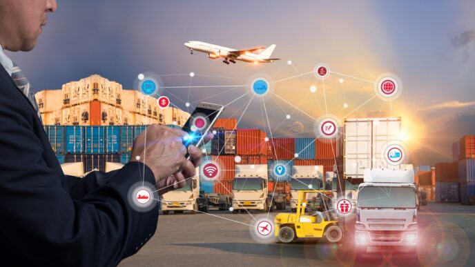 Optimización del network de distribución Supply Chain: Hombre con móvil, camiones, contenedores y avión. Logística conectada e innovadora.