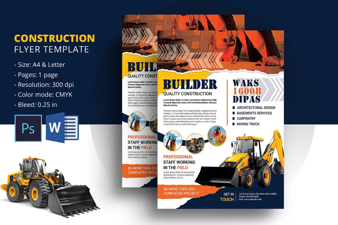 Flyer de construcción con diseño arquitectónico, servicios de sótanos, carpintería y camión mezclador. Inmobiliare Summits, real estate.