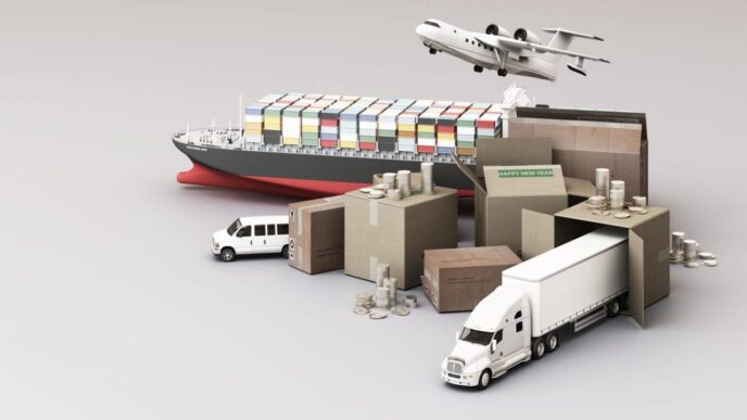 Sponsors/branding.

Ilustración 3D de transporte global: barco, avión, camión y furgoneta. Cajas y monedas representan el comercio. #Inmobiliare #México #LATAM