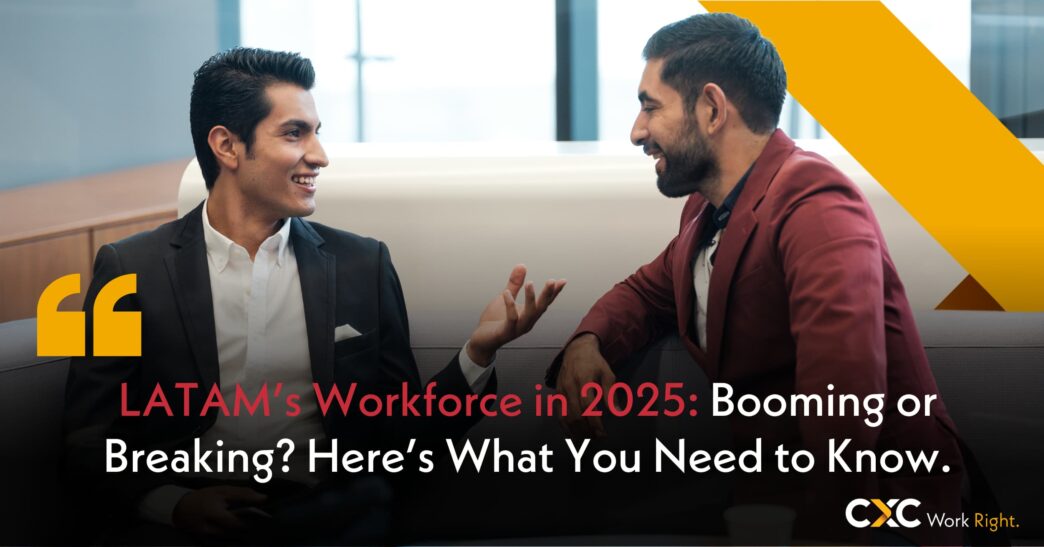 Dos hombres en trajes discutiendo sobre la competitividad y el futuro del trabajo en LATAM. Análisis de la fuerza laboral en 2025 en Latinoamérica.