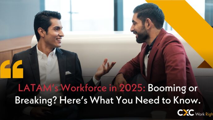 Dos hombres en trajes discutiendo sobre la competitividad y el futuro del trabajo en LATAM. Análisis de la fuerza laboral en 2025 en Latinoamérica.