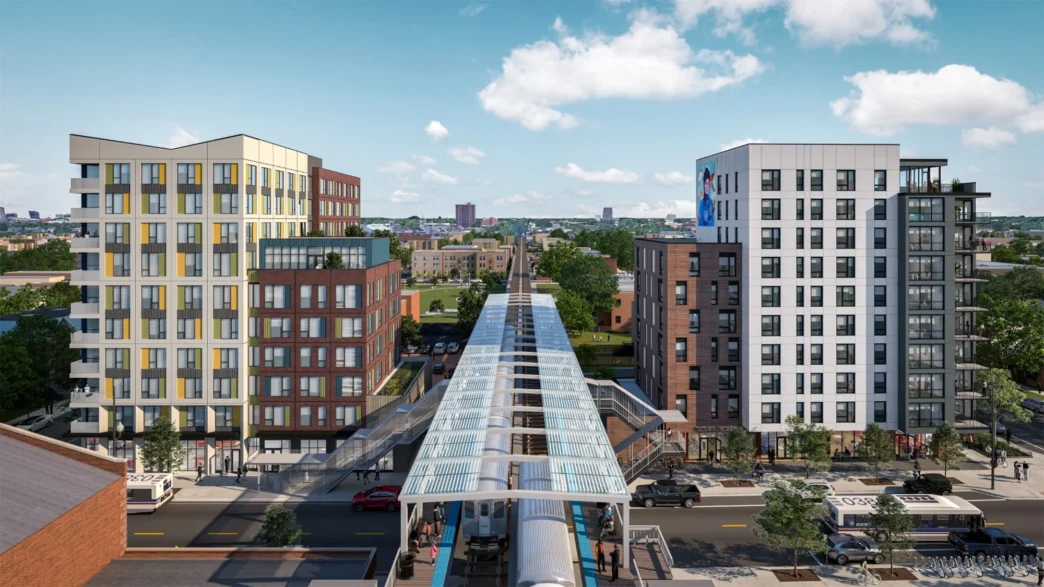 Venue/architecture.
Diseño arquitectónico de usos mixtos en ciudad, con edificios modernos y estación de tren. Inmobiliare Summits presenta lo último en real estate.