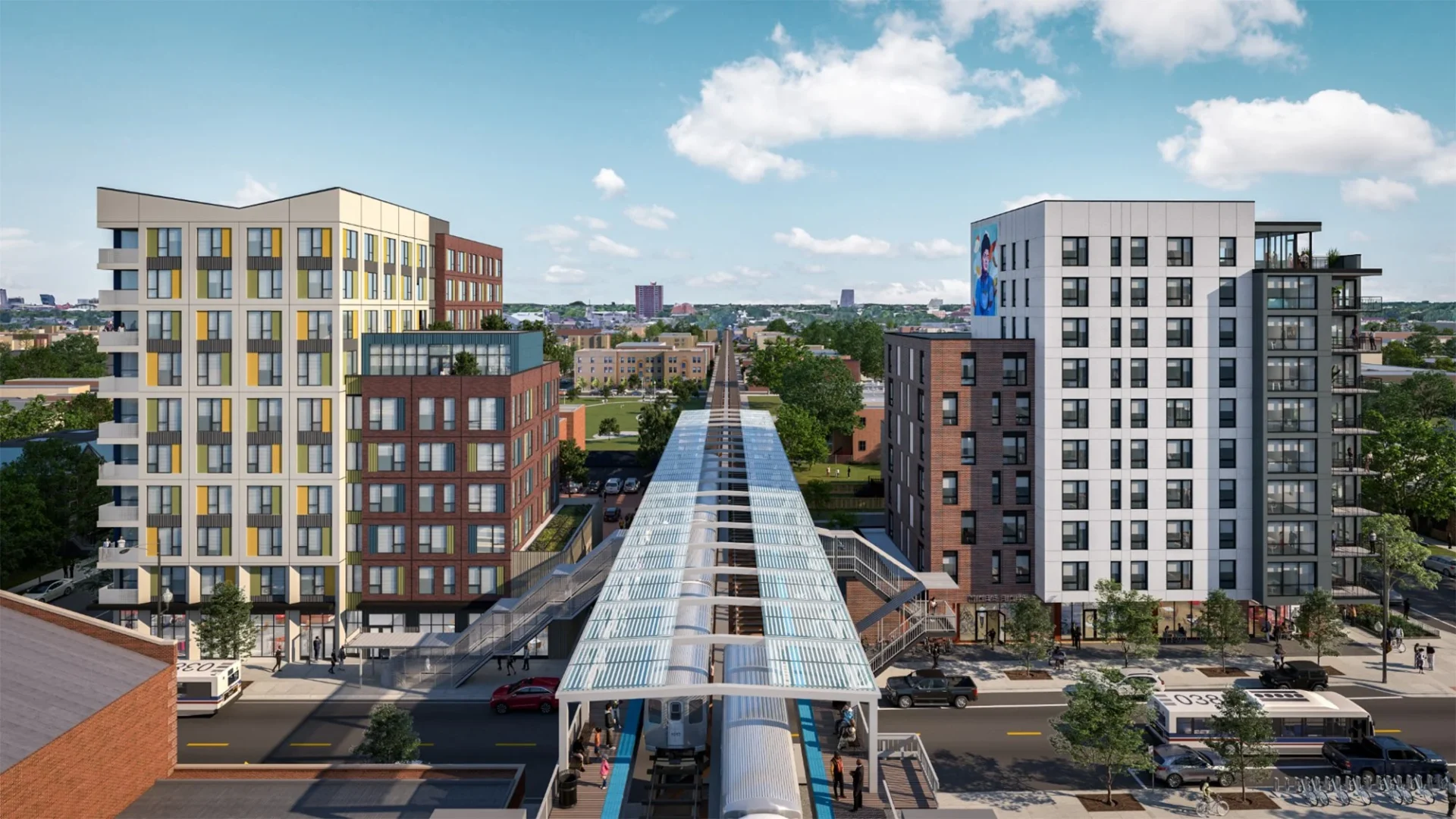 Venue/architecture.
Diseño arquitectónico de usos mixtos en ciudad, con edificios modernos y estación de tren. Inmobiliare Summits presenta lo último en real estate.