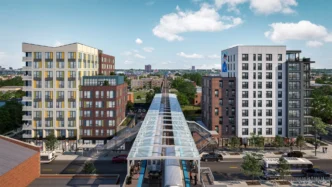 Venue/architecture.
Diseño arquitectónico de usos mixtos en ciudad, con edificios modernos y estación de tren. Inmobiliare Summits presenta lo último en real estate.