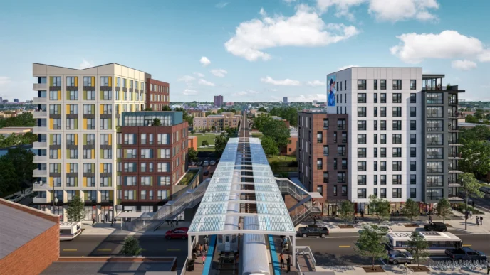 Venue/architecture.
Diseño arquitectónico de usos mixtos en ciudad, con edificios modernos y estación de tren. Inmobiliare Summits presenta lo último en real estate.