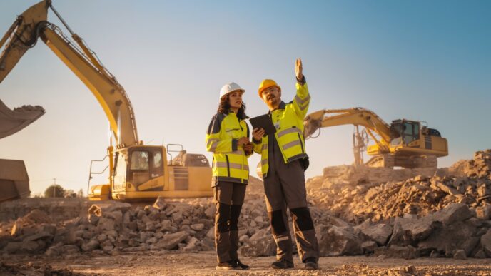 venue/architecture

Ingenieros supervisan obra de construcción en México. Excavadoras amarillas en el fondo. Sector inmobiliario en auge.