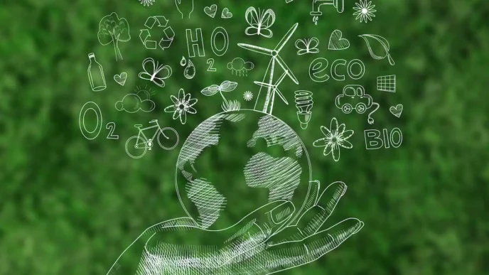 Ilustración de mano sosteniendo el planeta con íconos ecológicos. Concepto de sustentabilidad en Inmobiliare Summits México.