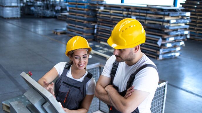 speakers/headshot
Dos trabajadores con cascos amarillos inspeccionan la construcción de un nuevo local. Expansión de Kiabi en España, sector Inmobiliario.