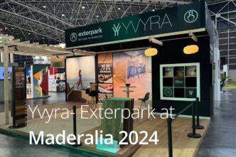 Stand de Yvyra-Exterpark en FIMMA + Maderalia 2024. Diseño de construcción con madera, destacando la innovación en decking y revestimientos.