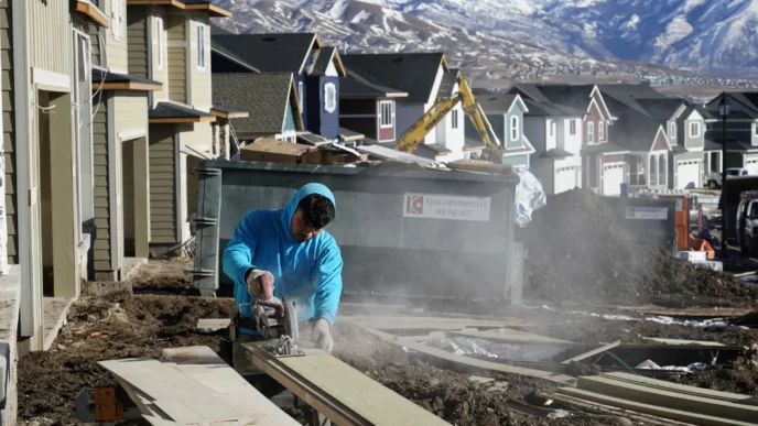Trabajador corta madera en obra de construcción de viviendas en Estados Unidos, con montañas nevadas al fondo. Aumento del 6.8% en febrero.