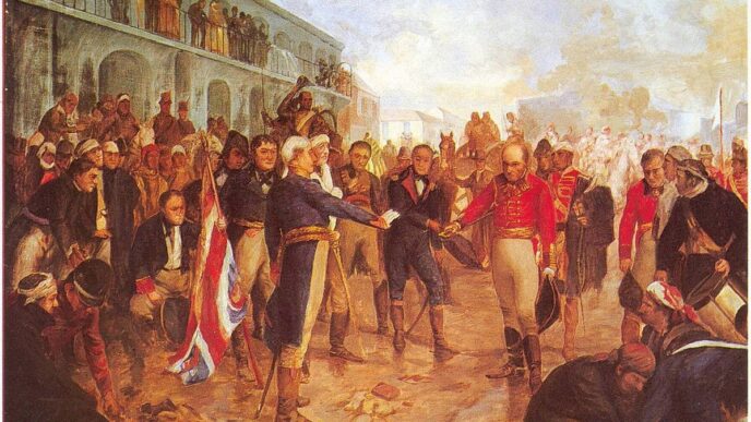 Pintura al óleo muestra un apretón de manos entre dos figuras centrales rodeadas de multitudes y caballos en Reconquista, Argentina.