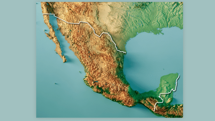 Mapa topográfico de México que muestra el recorrido del Tren México-Pachuca. Inversión de 44 mil mdp para la construcción de este proyecto.