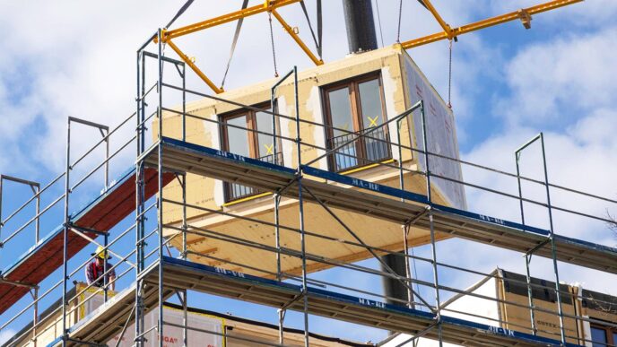 Venue/Architecture.

Construcción modular de vivienda en México. Grúa eleva un módulo prefabricado sobre andamios. Innovación en real estate para Sedatu e Infonavit.