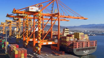 Contecon Manzanillo: Grúas portuarias operando en la terminal, con contenedores y buque. Ampliación de operaciones rumbo a 2025 en Manzanillo.