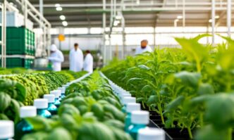 Invernadero con plantas y personal en India, reflejando el contrato verde y acciones de smallcap. Cultivos alineados y monitoreados.