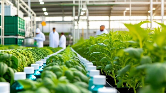 Invernadero con plantas y personal en India, reflejando el contrato verde y acciones de smallcap. Cultivos alineados y monitoreados.