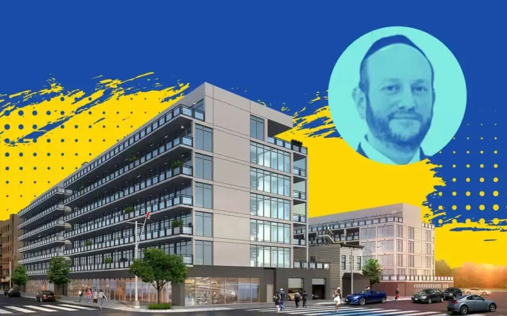 Visualización del desarrollo inmobiliario de Madison Realty en Brooklyn, con diseño moderno y retrato del promotor. Control del futuro urbano.