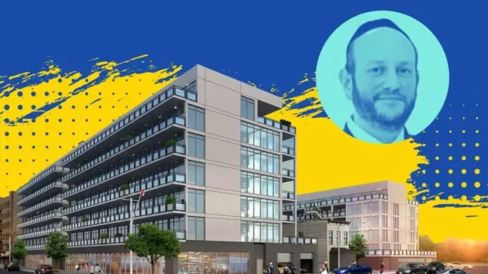 Visualización del desarrollo inmobiliario de Madison Realty en Brooklyn, con diseño moderno y retrato del promotor. Control del futuro urbano.