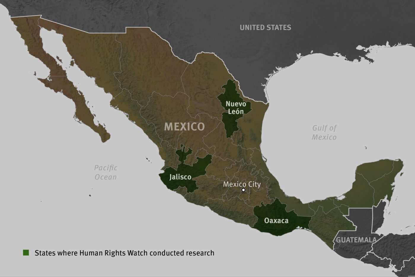 city/destination
Mapa de México con estados resaltados donde Human Rights Watch realizó investigaciones. Contexto geográfico relevante para conferencias en México y LATAM.