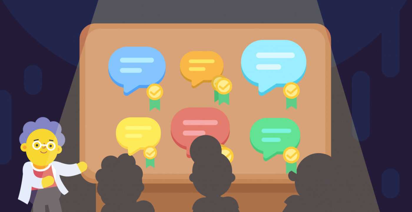 on-stage panel
Ponente presenta apps para optimizar el home office en Inmobiliare Summits. Diseño gráfico de burbujas de diálogo con medallas. Conferencia LATAM.