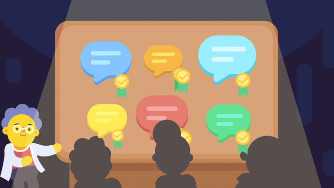 on-stage panel
Ponente presenta apps para optimizar el home office en Inmobiliare Summits. Diseño gráfico de burbujas de diálogo con medallas. Conferencia LATAM.