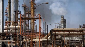 Vista de una refinería de petróleo en México, con chimeneas humeantes y llamas. Infraestructura industrial relacionada al suministro eléctrico. Coparmex.