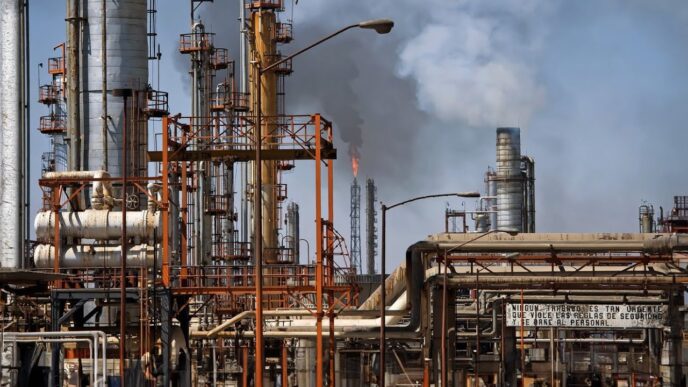 Vista de una refinería de petróleo en México, con chimeneas humeantes y llamas. Infraestructura industrial relacionada al suministro eléctrico. Coparmex.