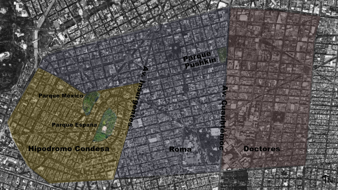 Vista aérea del Corredor Roma-Condesa antes de la gentrificación. Incluye Hipódromo Condesa, Roma, Doctores, parques México y España. 125 chr