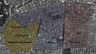 Vista aérea del Corredor Roma-Condesa antes de la gentrificación. Incluye Hipódromo Condesa, Roma, Doctores, parques México y España. 125 chr