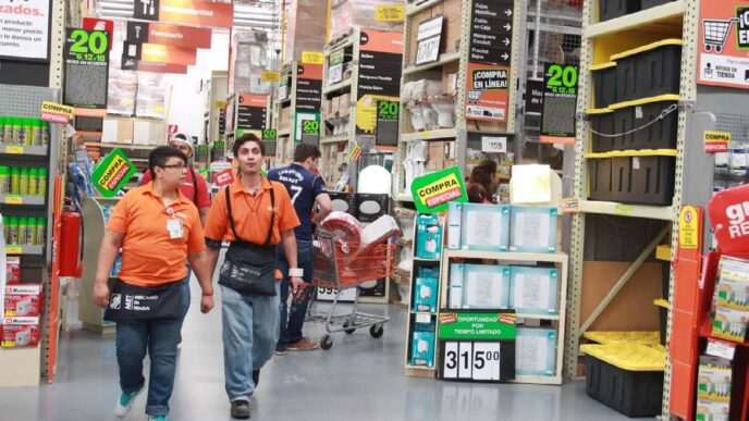 networking/expo
Dos empleados de Costco Torreón caminan por los pasillos de la tienda. Ofertas especiales visibles. Costco México, real estate.