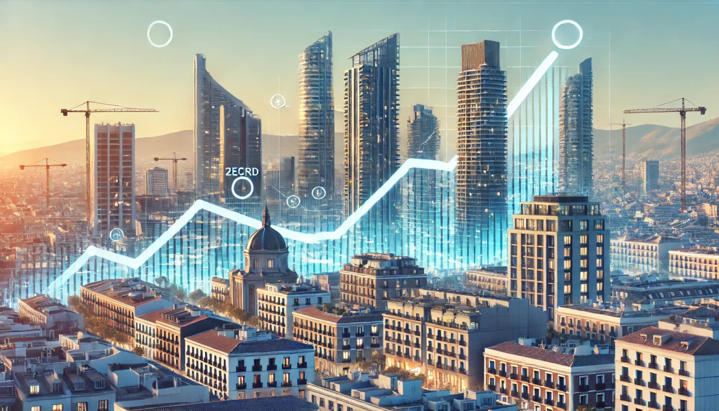 Inversión en inmologística en Madrid: Skyline urbano con gráfico ascendente, reflejando el creciente interés en el sector inmobiliario.