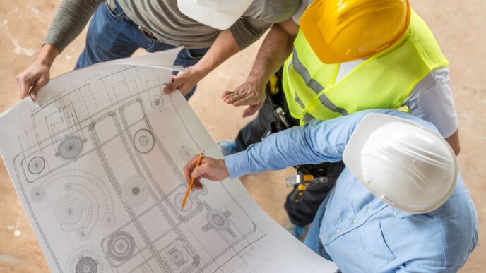 Tres constructores revisan planos, discutiendo retos de costos y financiamiento en la construcción. Cascos y chaleco reflejan la planificación del proyecto.