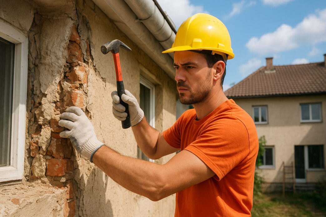 construcción de proyectos propios. Trabajador de la construcción con martillo reparando pared. Inmobiliare Summits, real estate.