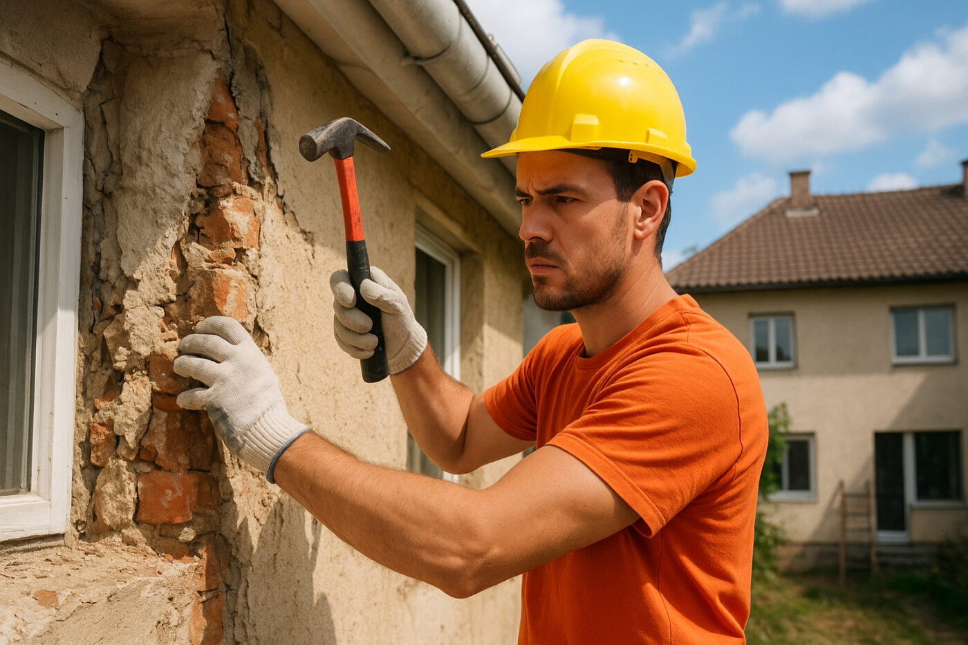 construcción de proyectos propios. Trabajador de la construcción con martillo reparando pared. Inmobiliare Summits, real estate.