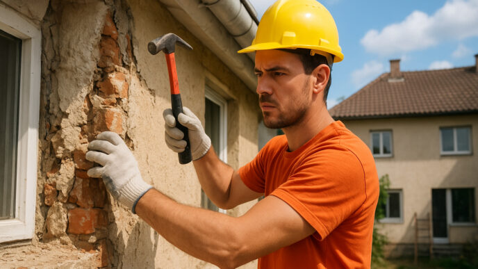 construcción de proyectos propios. Trabajador de la construcción con martillo reparando pared. Inmobiliare Summits, real estate.