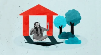 Ilustración de una joven escuchando música en casa. Bienes raíces y crédito hipotecario en México.