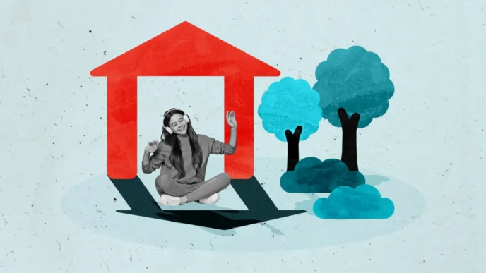 Ilustración de una joven escuchando música en casa. Bienes raíces y crédito hipotecario en México.