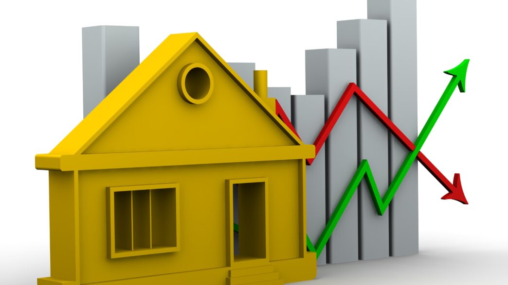 sponsors/branding
Casa amarilla con gráficas de flechas roja y verde, y barras grises. Representación del mercado de bienes raíces.