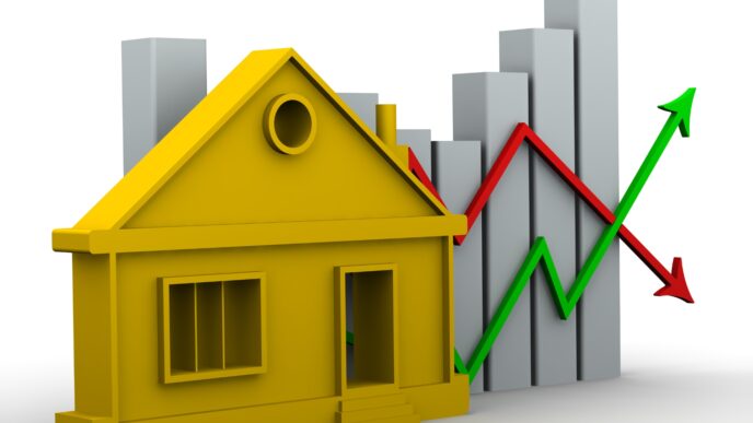sponsors/branding
Casa amarilla con gráficas de flechas roja y verde, y barras grises. Representación del mercado de bienes raíces.