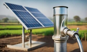 Panel solar de Crompton Greaves impulsando bomba de agua en campo. Proyecto de eficiencia energética con energía solar para riego agrícola.