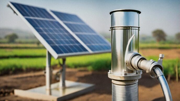 Panel solar de Crompton Greaves impulsando bomba de agua en campo. Proyecto de eficiencia energética con energía solar para riego agrícola.